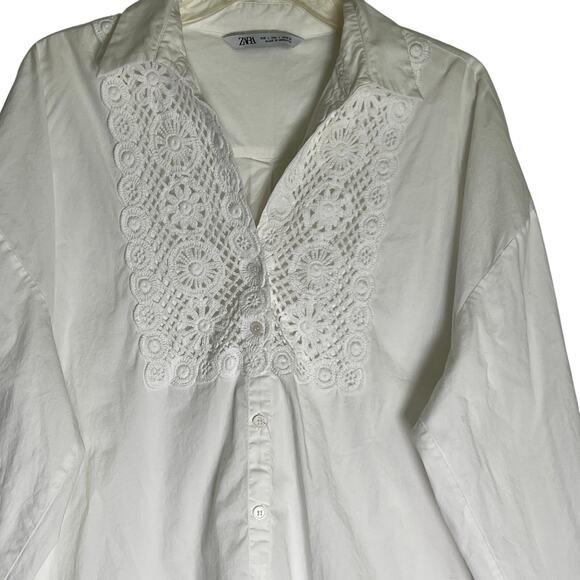 Zara Long Sleeve Lace Trim Button-Up Hi-Low Tunic Shirt Women's Size L White - Picture 4 of 8